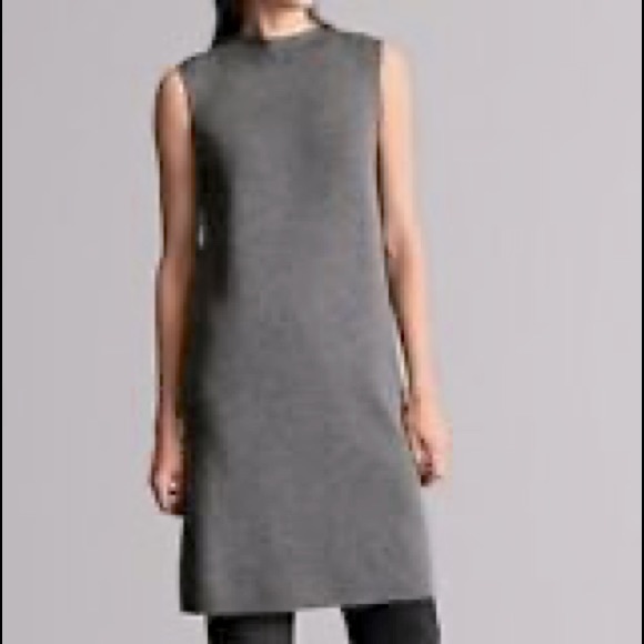 EILEEN FISHER’s icon Washable Wool Crepe Funnel Neck Dress in Ash - Picture 1 of 5